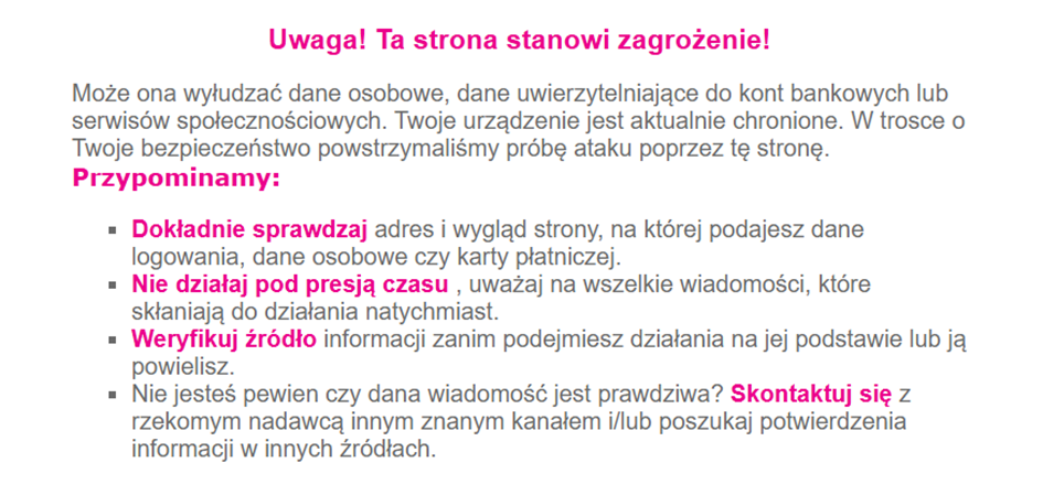 T-Mobile uwaga ta strona stanowi zagrożenie - treść komunikatu
